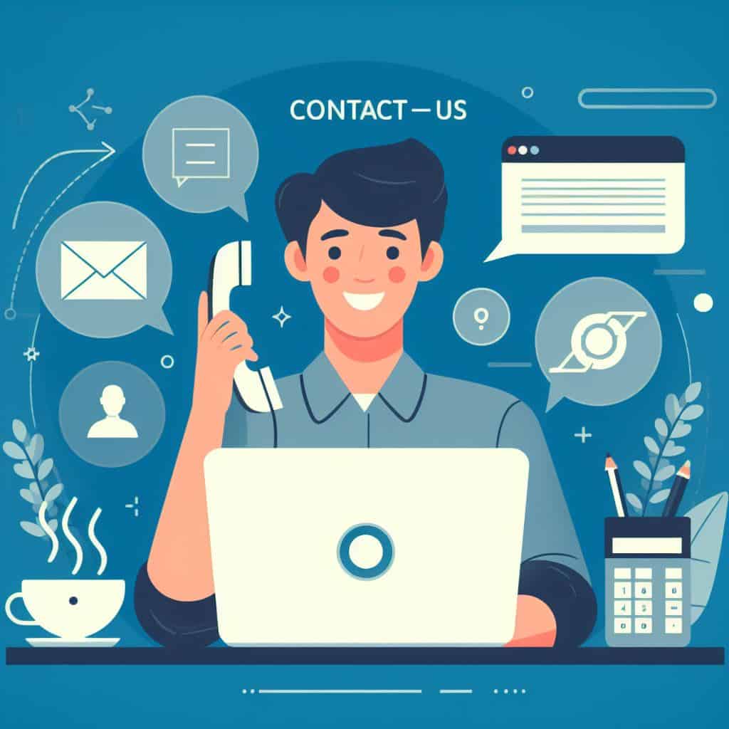 A cover image for a contact us page on a website, with a friendly and professional tone, showing a smiling person holding a phone and a laptop, and some icons of email, chat, and social media