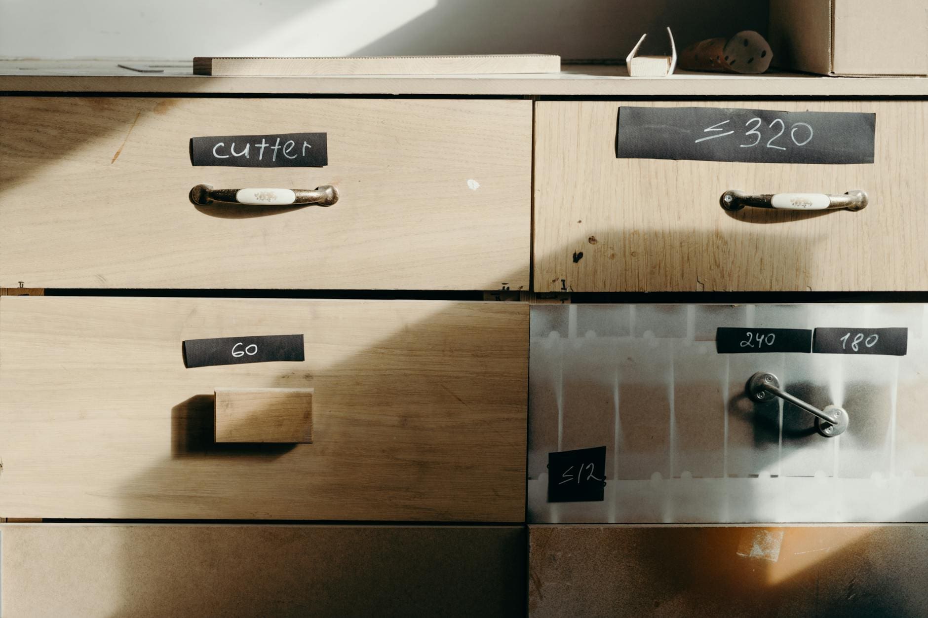 wooden drawer with labels